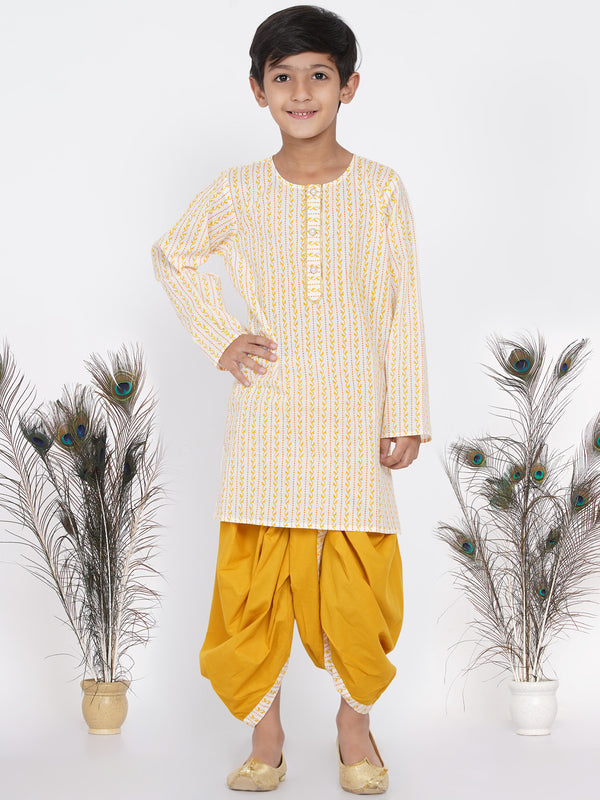Boys Leaf Print Kurta with Pearl Buttons and Dhoti in Cream and yellow - Little Bansi