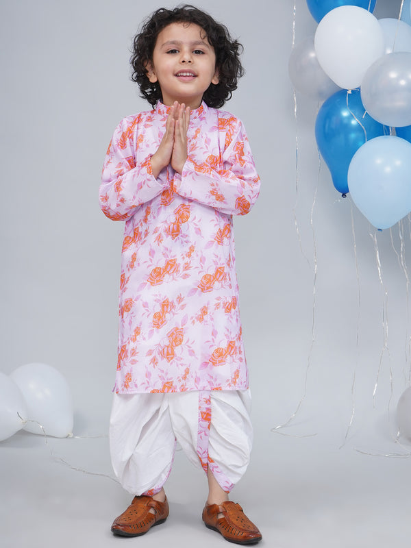 Boys Peach & Orange Rose Bloom Kurta Dhoti Set