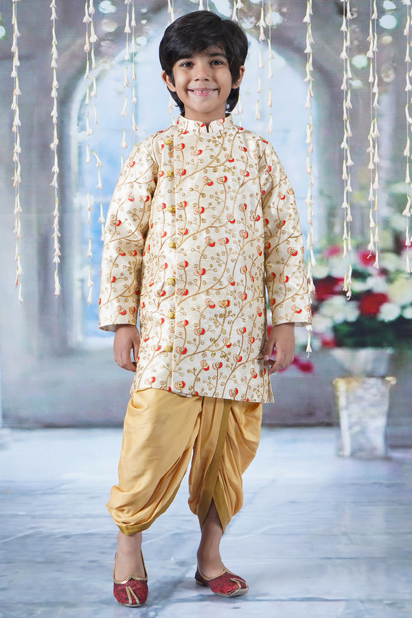 Little Bansi Boys TUlip Floral Thread work Angrakha Sherwani with Beige Silk Dhoti