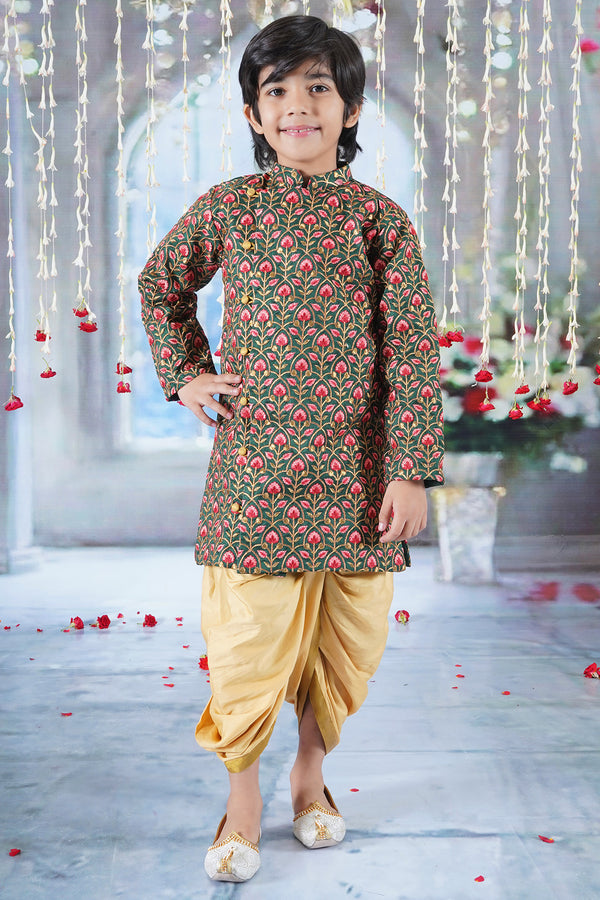 Boys Bageecha Floral Thread work Angrakha Sherwani with Beige Silk Dhoti in Green