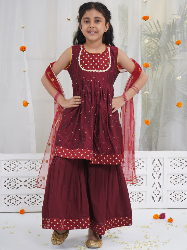 Girls Maroon Chanderi Silk Kurta Sharara Set with Dupatta and Cotton Lining