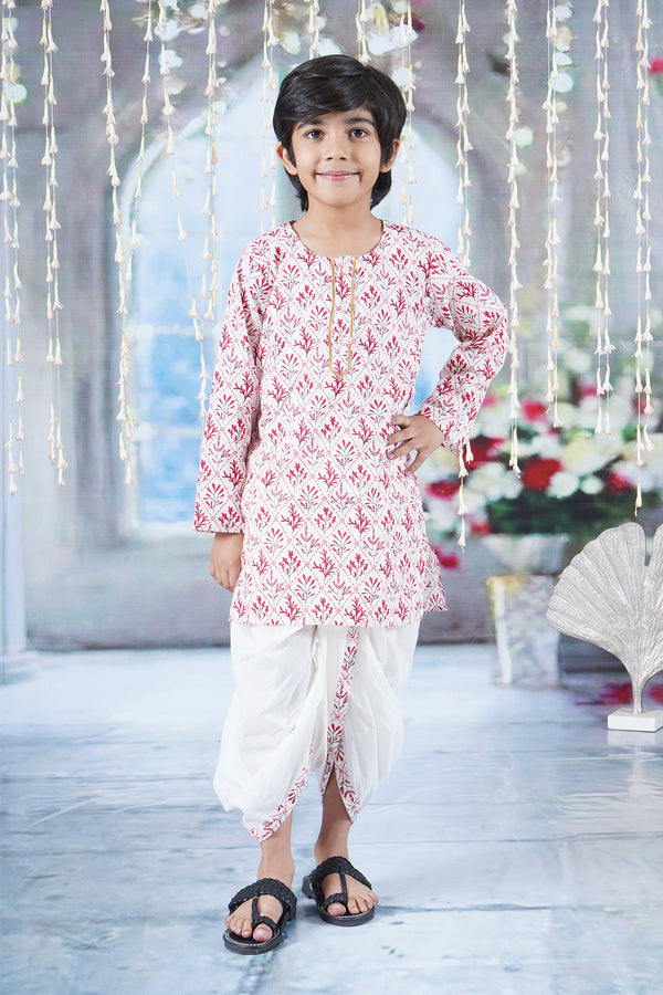 Little Bansi Boys Cotton Full Sleeves Kurta Dhoti with Floral Print and Pearl Buttons - White
