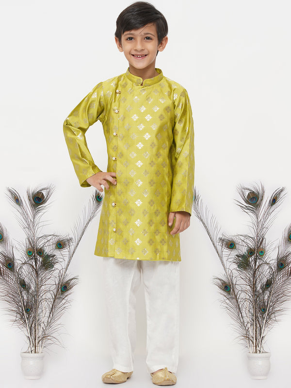 Boys Banarsi Silk Sherwani with Pyjama - Green - Little Bansi