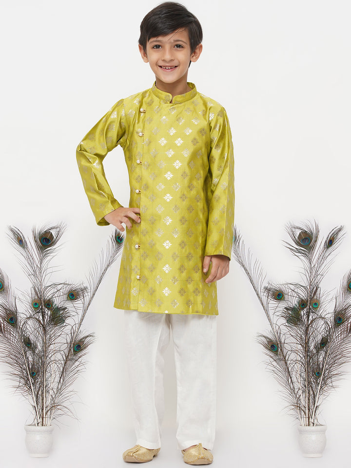 Boys Banarsi Silk Sherwani with Pyjama - Green - Little Bansi