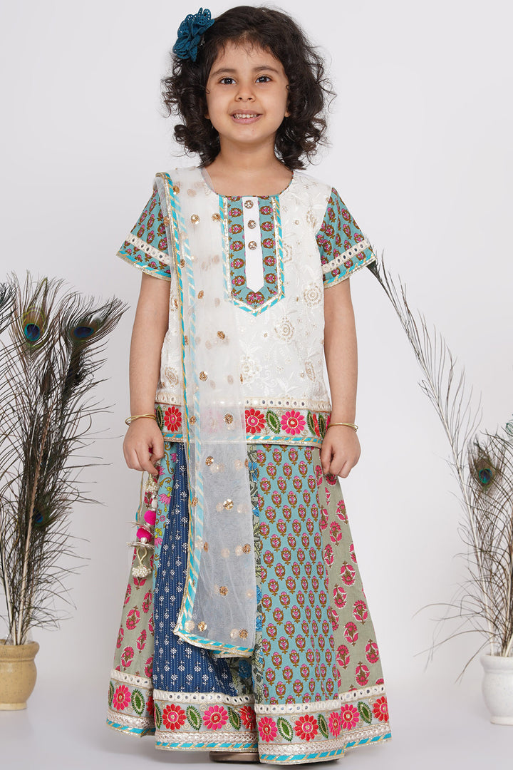 Girls Cotton Floral Embroidery Kurta with Kali Work Lehenga and Tussel work - Little Bansi