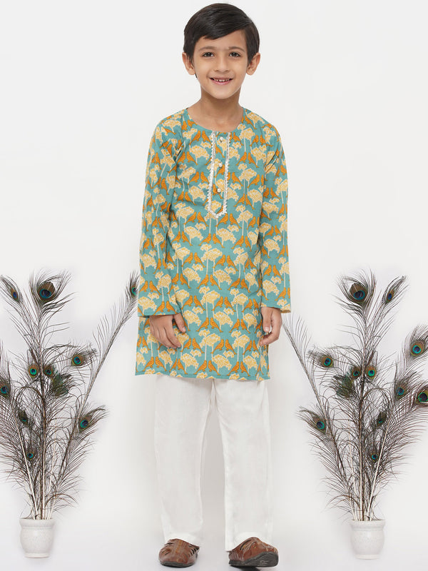 Boys Cotton Bird Print Kurta with Pearl Buttons and Pyjama - Little Bansi