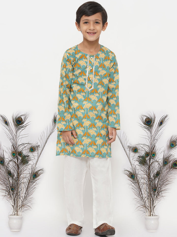 Boys Cotton Bird Print Kurta with Pearl Buttons and Pyjama - Little Bansi