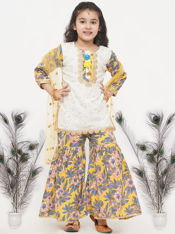 Girls Cotton Floral Embroidery Kurta with Floral Detailing and Floral Sharara - Little Bansi