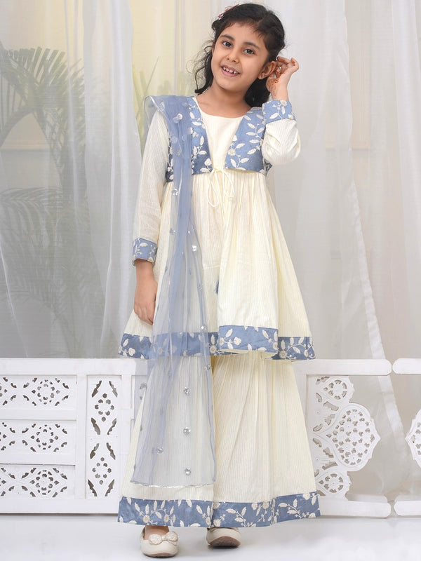 Girls Cotton Three Fourth Sleeves Frock Style Kurta with Sharara and Dupatta with Floral Thread Embroidery & Tussel Work - Cream