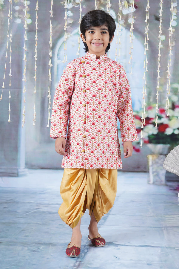 Little Bansi Boys Bageecha Floral Thread work Angrakha Sherwani with Beige Silk Dhoti