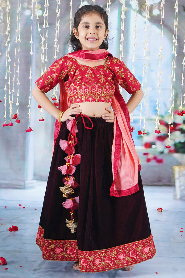 Girl Bageecha Floral Thread work Blouse with Velvet Lehenga and Sequin moti work Dupatta, accompanied with Hand made tassel and Ghungroo work in Cherry Red