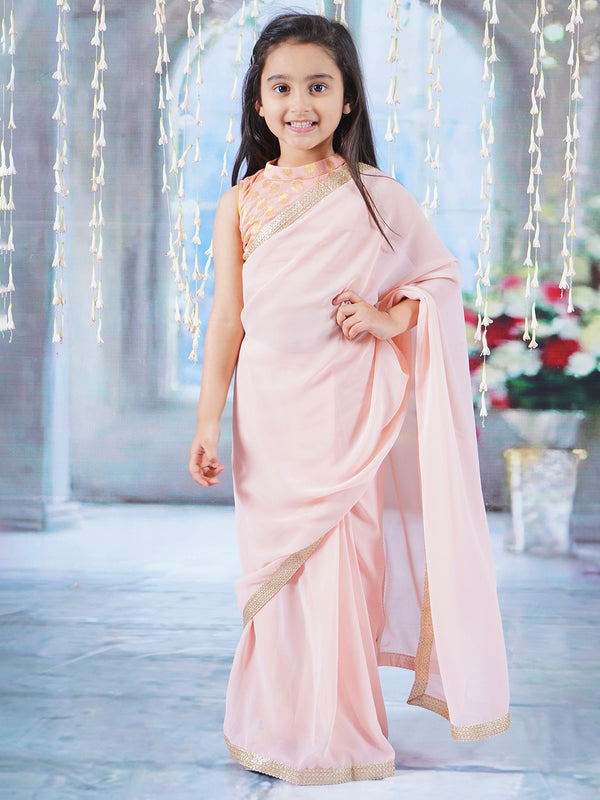Floral Zari Blouse with Georgette Ready to wear Saree - Peach