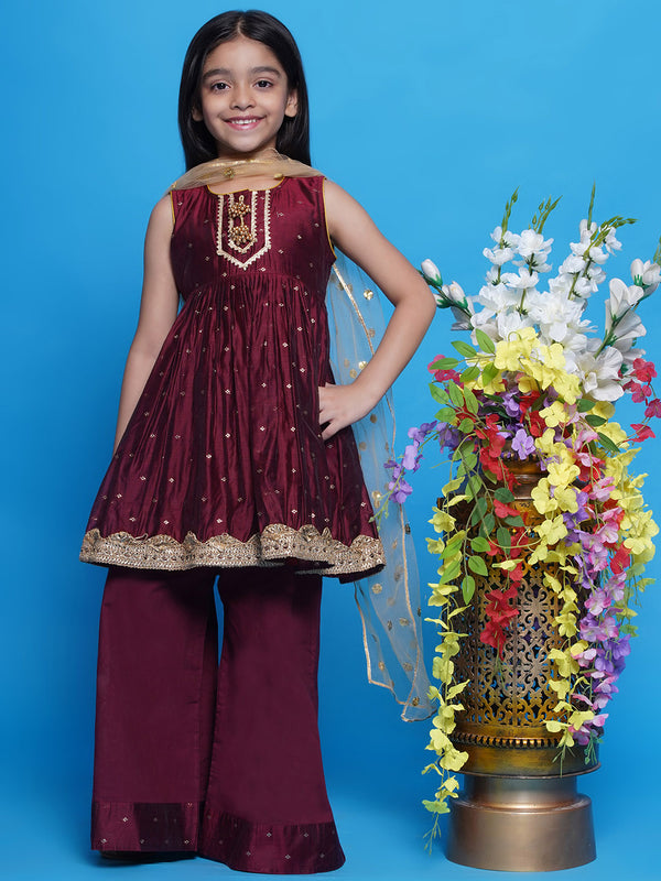 Little Bansi Girls Chanderi Cotton Sleeveless Kurta Frock with Plazzo and Dupatta with Boota,  Lace & Tussel work - Pink