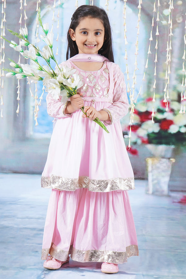 Little Bansi Girls Floral Sequin Embrodiery Kurta with Sharara and Dupatta with Lace Work