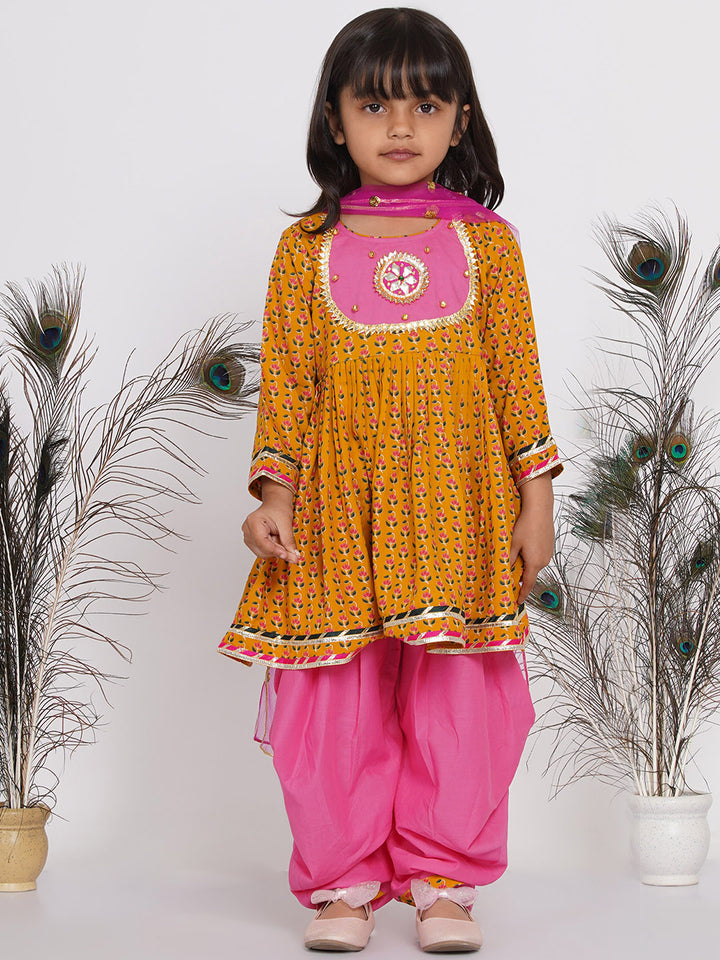 Girls Jaipuri Print Kurta Frock with Salwar in Yellow & Pink - Little Bansi