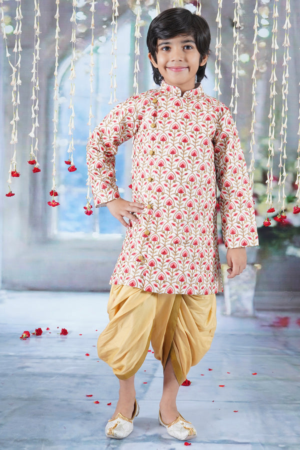Little Bansi Boys Bageecha Floral Thread work Angrakha Sherwani with Beige Silk Dhoti