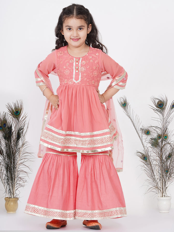 Girls jaipuri Lacework and Gotta Patti work Kurta frock with Sharara and Dupatta - Little Bansi