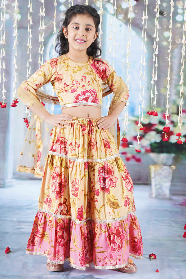 Modern Rose Print Lehenga with Panel and lace work with Blouse and Dupatta - Little Bansi