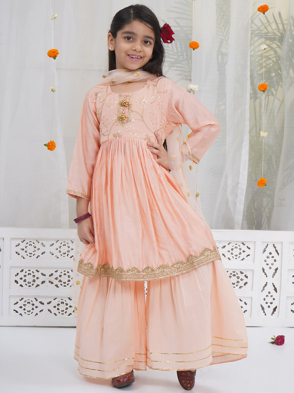 Girls Peach Chanderi Silk Floral Embroidery Kurta Sharara Set with Dupatta