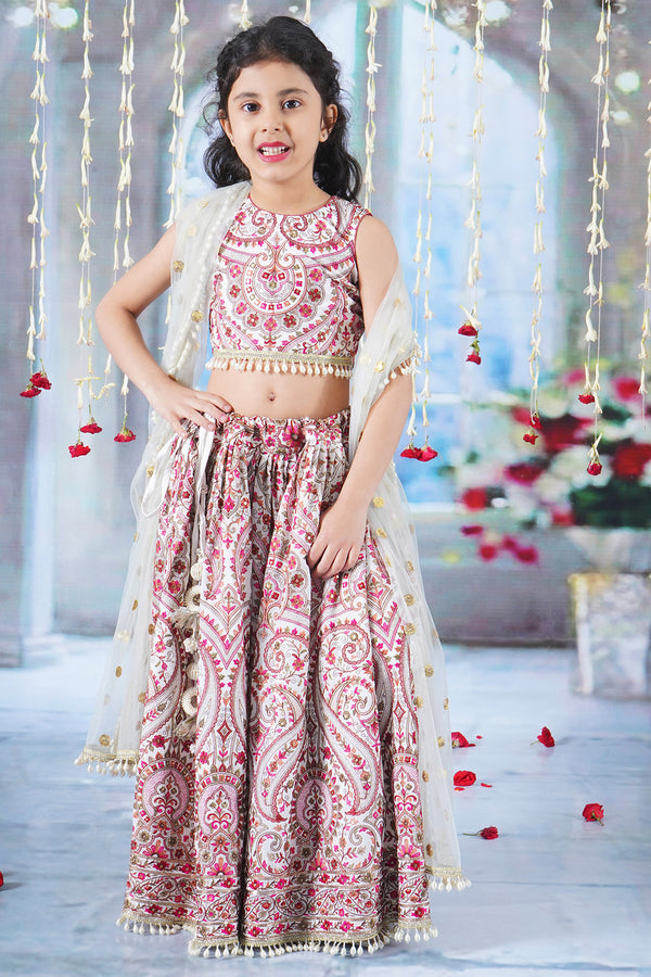 Girls Multi color Mughal Pattern Floral Thread work Cream Lehenga with Blouse and Dupatta with Pearl Detailing and Hand made Tassel - Little Bansi