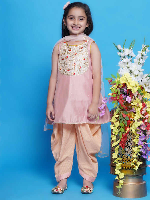 Chanderi Silk Tulip Kurta with Dhoti Salwar & Dupatta - Peachish Pink