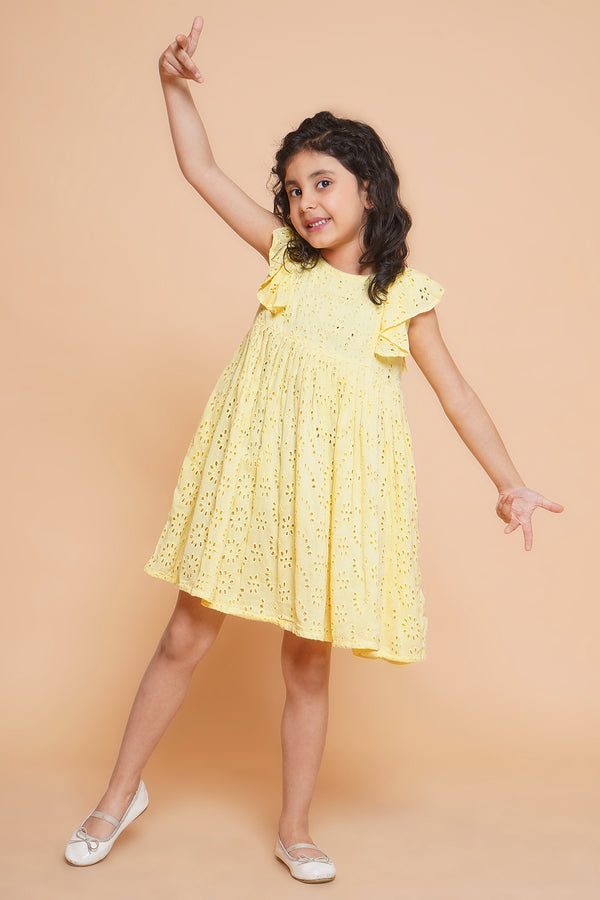 Little Bansi Girls Cotton Sleeveless Floral Frilled Frock with Schiffli Work- Yellow