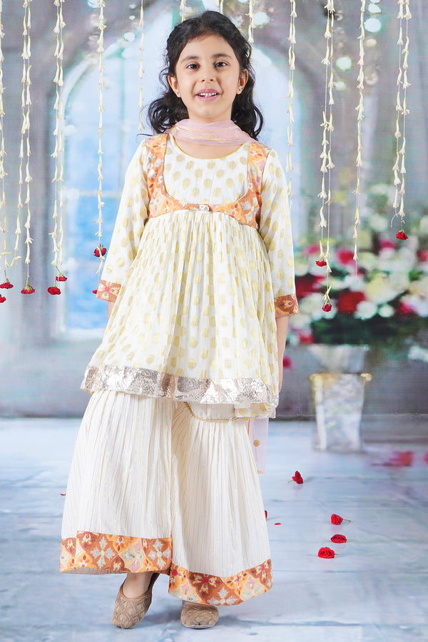 Little Bansi Girls Floral work Kurta with Sharara and Dupatta with Embroidery Work