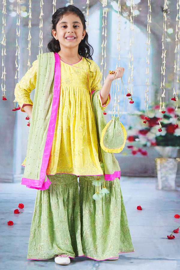 Girls Floral Embrodiery Angrakha Kurta with Sharara, Dupatta and Hand made Potli with Ghungroo work Tassel - Little Bansi