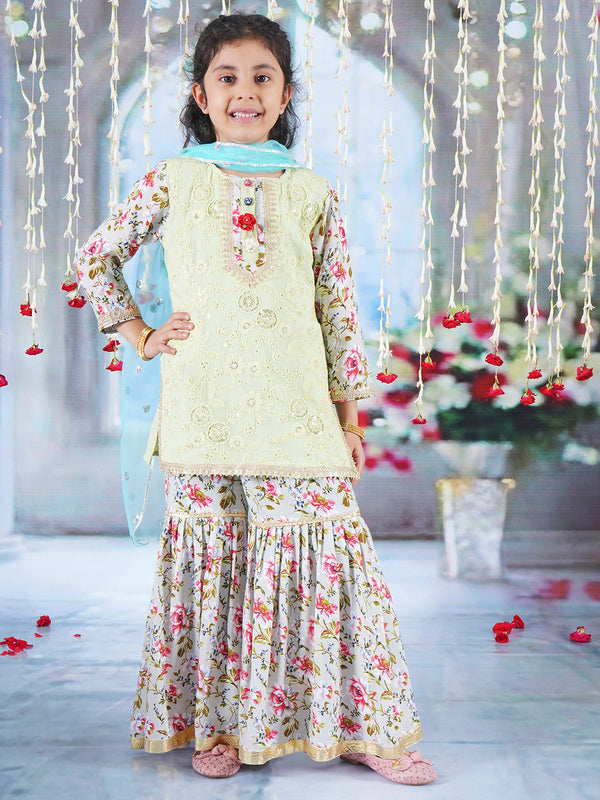 Girls Cotton Full Sleeves Kurta Sharara and Dupatta with Garden Rose Print, Floral Embroidery, Lace & Floral Work - Antique Green - Little Bansi