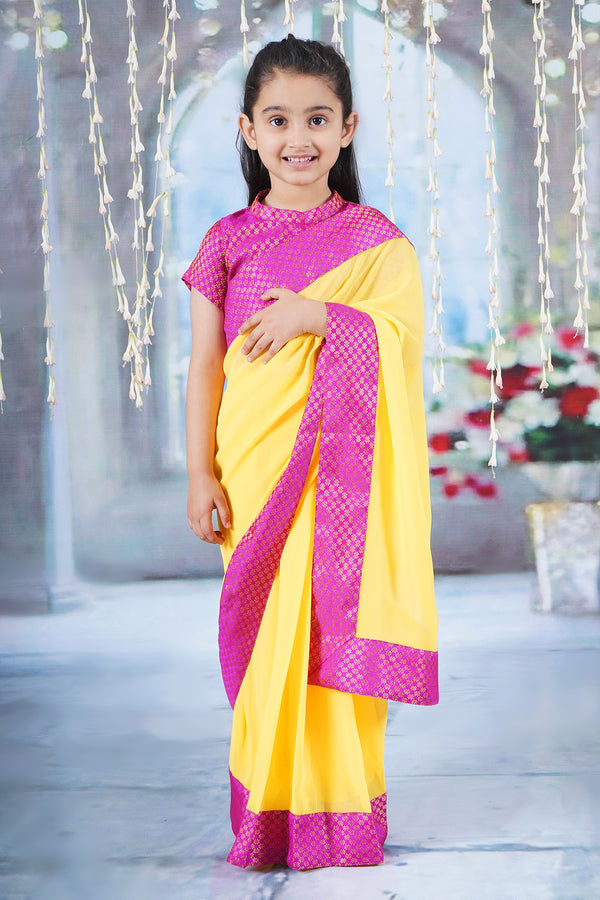 Little Bansi Girls Brocade Short Sleeves Ready to wear Blouse with Floral Design and Ready to wear Georgette Saree - Yellow and Rani