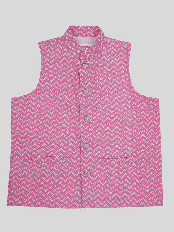 Little Bansi Boys Cotton Sleeveless Zig Zag Jaipuri Printed Nehru Jacket- Pink