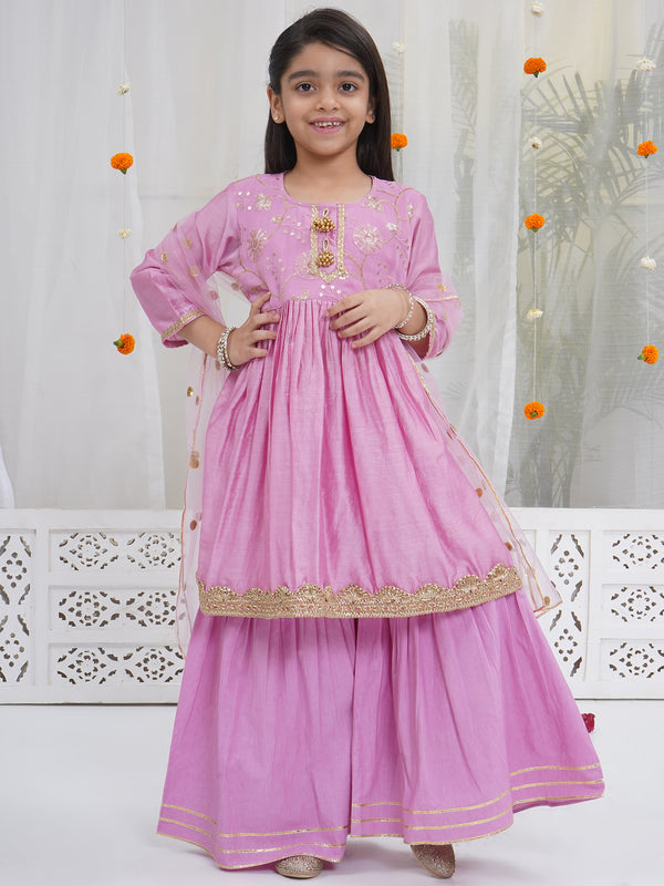 Girls Lavender Pink Chanderi Silk Floral Embroidery Kurta Sharara Set with Dupatta & Cotton Lining