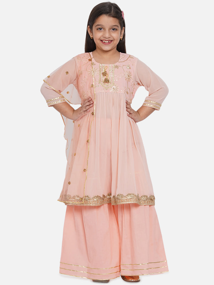 Peach Embroidery work Kurta with Sharara - Little Bansi