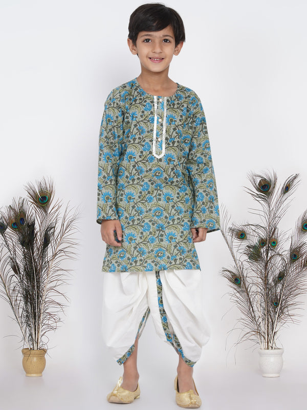 Boys Floral Kurta with Pearl Buttons and Dhoti in Sea Green and Cream - Little Bansi