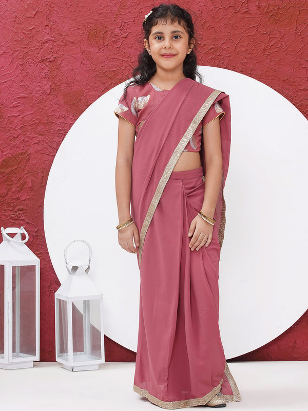 Designer Leaf Sequin Work Ready to wear Blouse with Ready to wear Georgette Saree - Dusty Rose