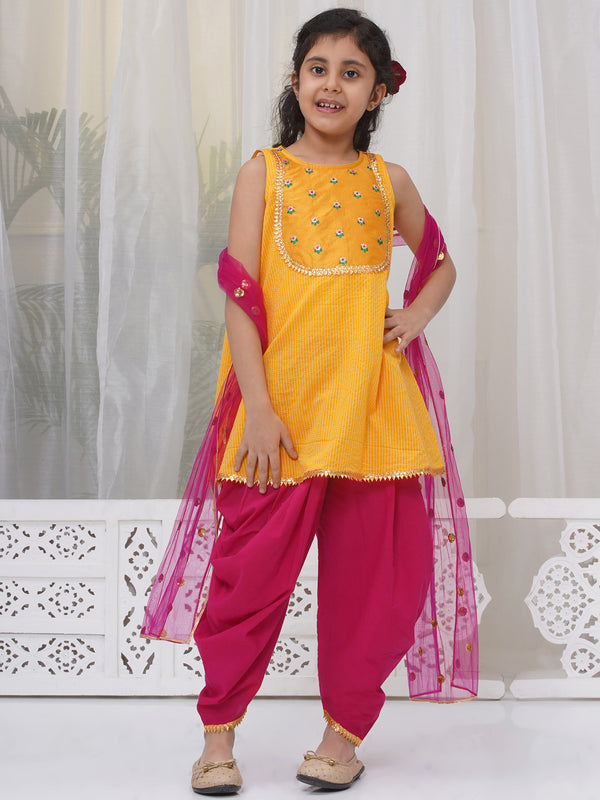 Girls Cotton Sleeveless Kurta with Dhoti Salwar and Dupatta with Floral Embroidery - Yellow