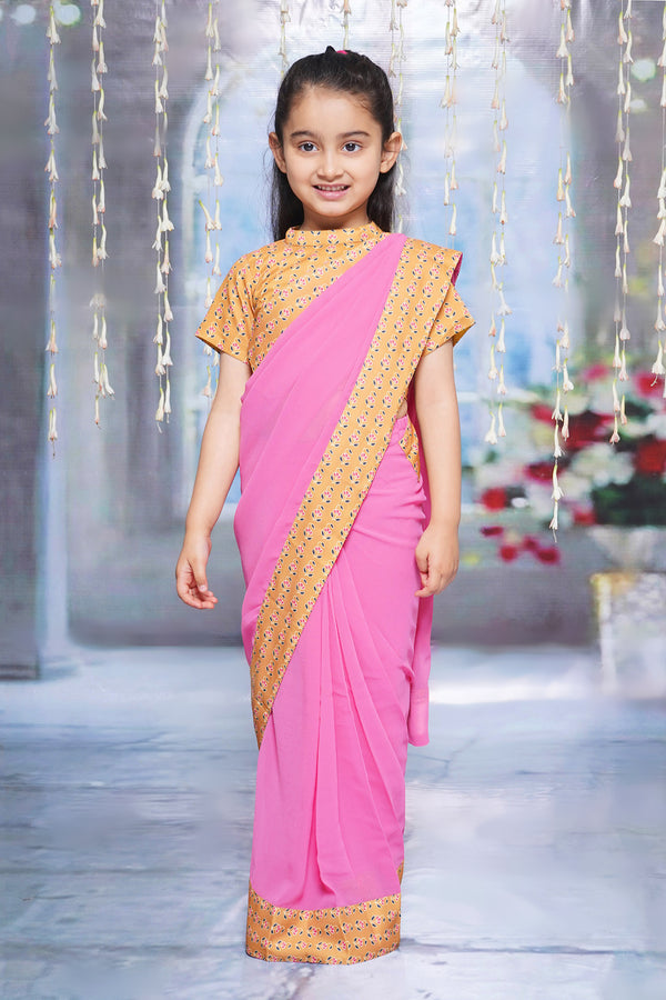 Little Bansi Girls Cotton Short Sleeves Ready to wear Tulip Blouse and Ready to wear Georgette Saree - Lavender Pink
