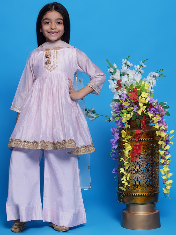 Little Bansi Girls Chanderi Cotton Three Fourth Sleeves Kurta Frock with Plazzo and Dupatta with Boota,  Lace & Tussel work - Baby Pink