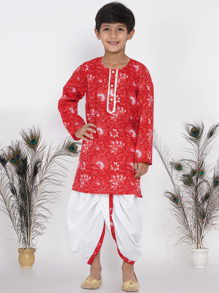 Boys Floral Kurta with Pearl Buttons and Dhoti in Red and White - Little Bansi