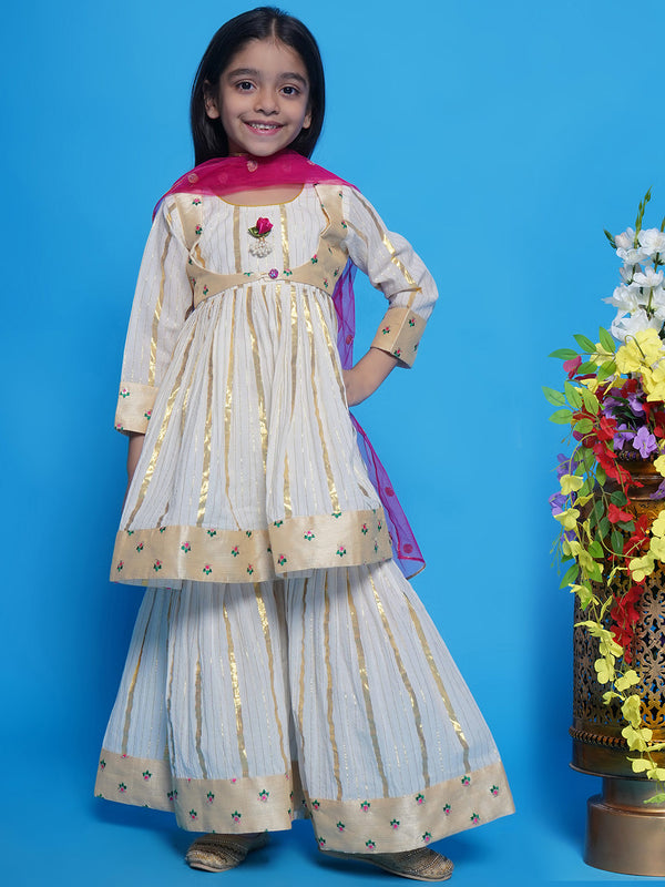 Cotton Three Fourth Sleeves Floral Embroidery Kurta Sharara with Jacket and Dupatta - Cream