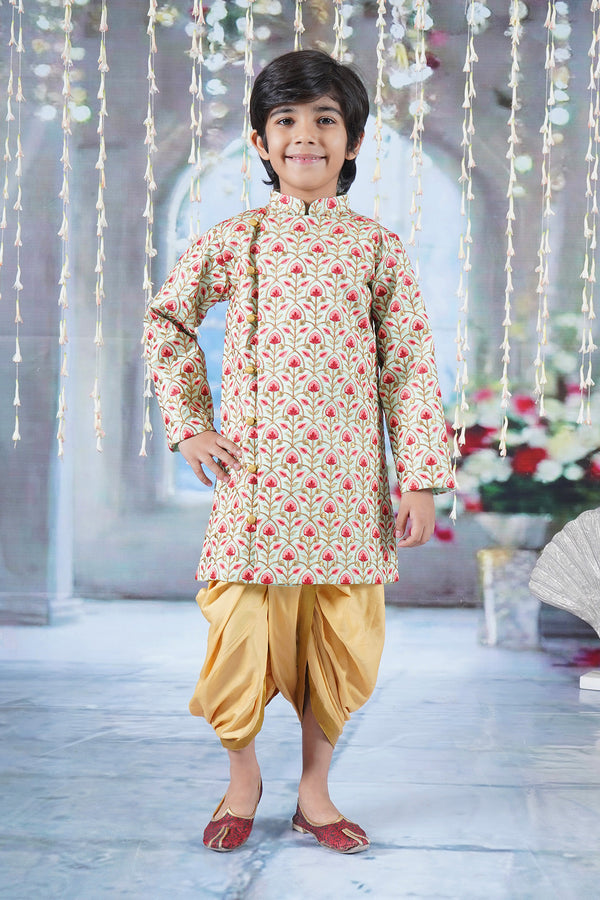 Little Bansi Boys Bageecha Floral Thread work Angrakha Sherwani with Beige Silk Dhoti