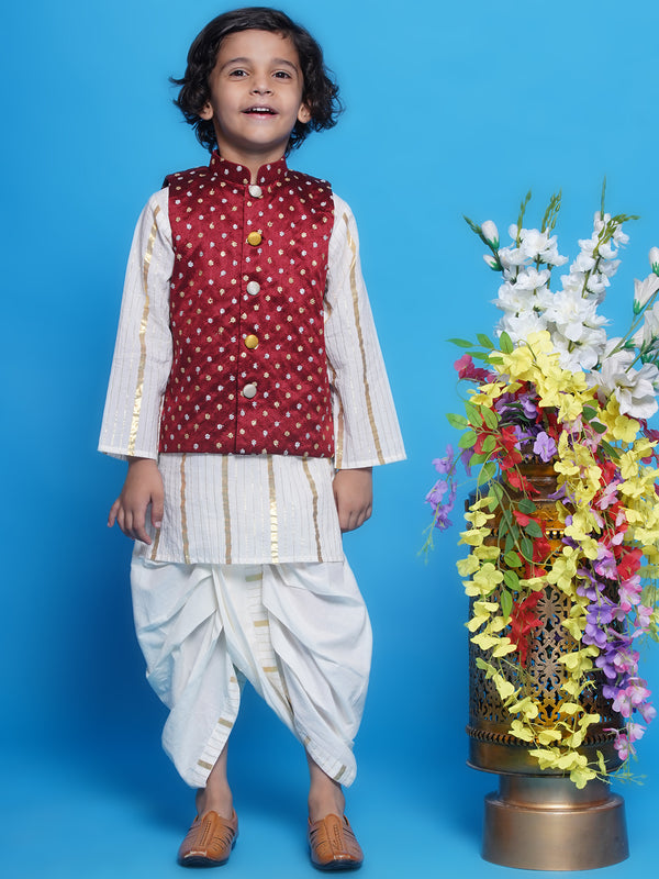 Chand Sitare Nehru Jacket with Cotton Dhoti Kurta - Cream & Maroon