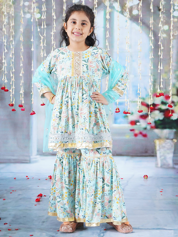 Girls Cotton Three Fourth Sleeves Kurta Sharara and Dupatta with Floral Brush Print & Lace work - Sky Blue - Little Bansi