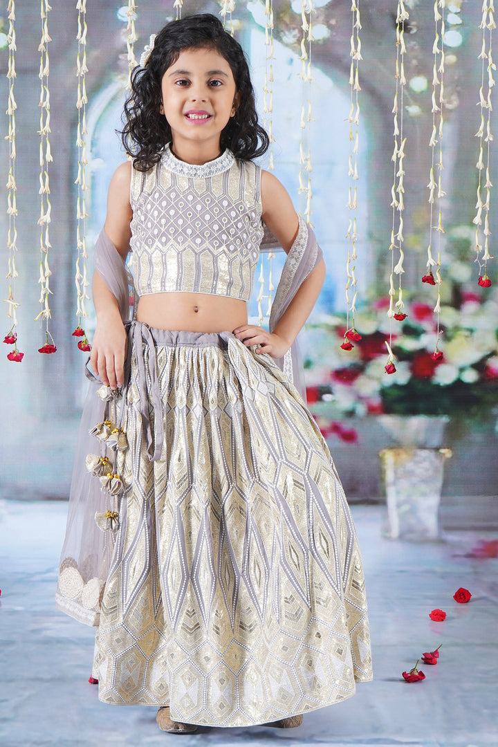 Girls Ivory and Golden Thread work Lehenga with Sequence work Blouse and Lacework Dupatta - Little Bansi