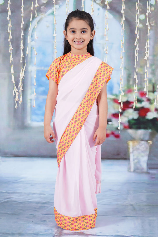 Little Bansi Girls Cotton Short Sleeves Ready to wear Blouse with Floral Design and Ready to wear Georgette Saree - Baby Pink