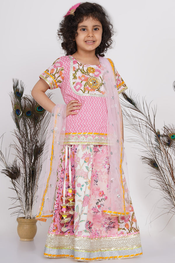 Girls Kali Work Floral Lehenga with Long Jaipuri Kurta and Dupatta in Pink - Little Bansi