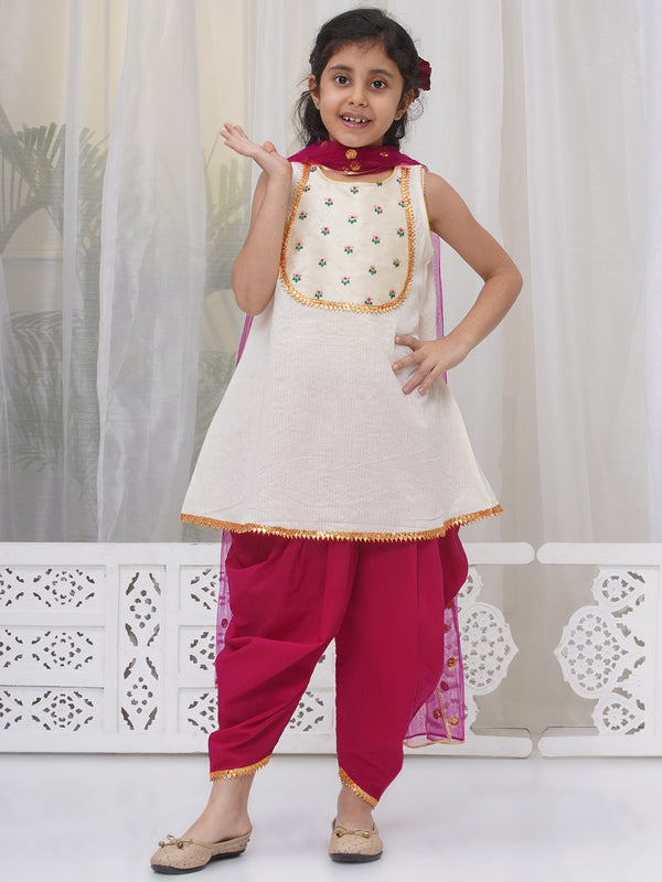 Girls Cotton Sleeveless Kurta with Dhoti Salwar and Dupatta with Floral Embroidery - Cream