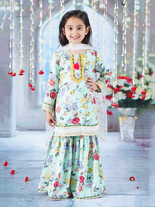 Girls Cotton Full Sleeves Kurta Sharara and Dupatta with Rose Floral Print, Lace & Floral Work - Green