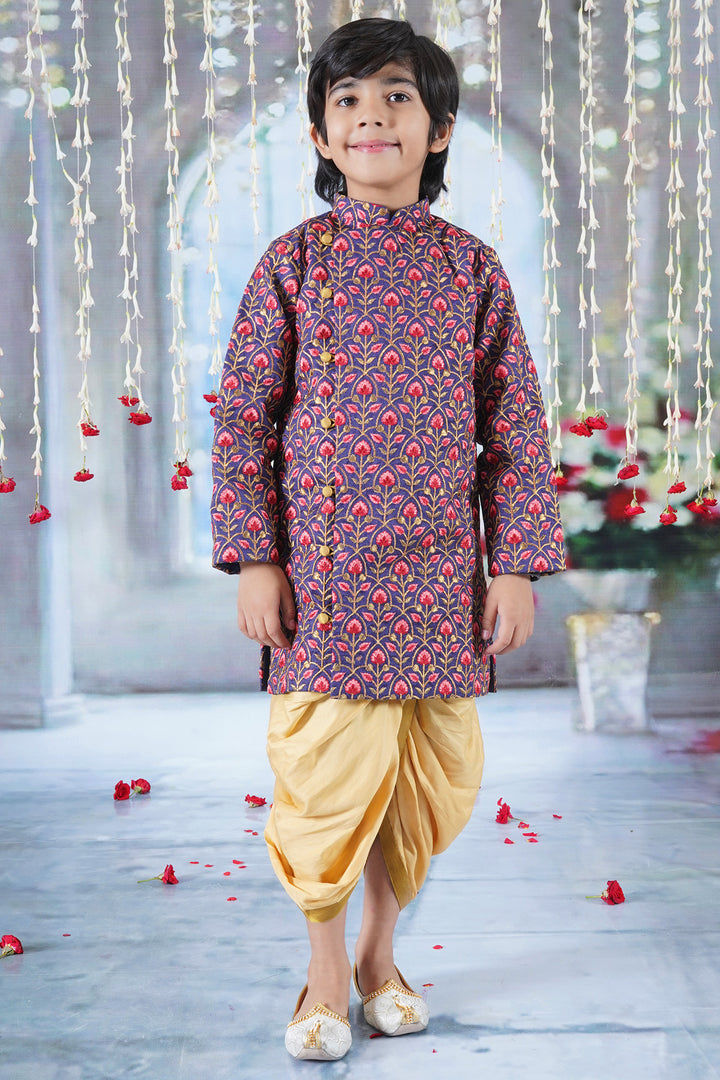 Boys Bageecha Floral Thread work Angrakha Sherwani with Beige Silk Dhoti - Little Bansi