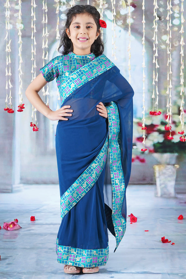 Little Bansi Girls Brocade Short Sleeves Ready to wear Blouse with Floral Bird Design and Ready to wear Georgette Saree - Blue and Peacock Green